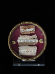 Gilt Theca Reliquary with the Relics of Three Great Holy Unmercenary Healers Saint Pantaleon the Great Martyr, Saint Cyrus of Alexandria, and Saint John of Alexandria