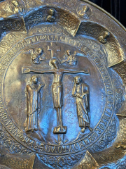 Monumental Gothic Brass Charger with Crucifixion Ecclesiastical Art Early Gothic Tradition (14th15th Century, Attributed)