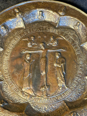 Monumental Gothic Brass Charger with Crucifixion Ecclesiastical Art Early Gothic Tradition (14th15th Century, Attributed)