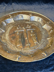 Monumental Gothic Brass Charger with Crucifixion Ecclesiastical Art Early Gothic Tradition (14th15th Century, Attributed)