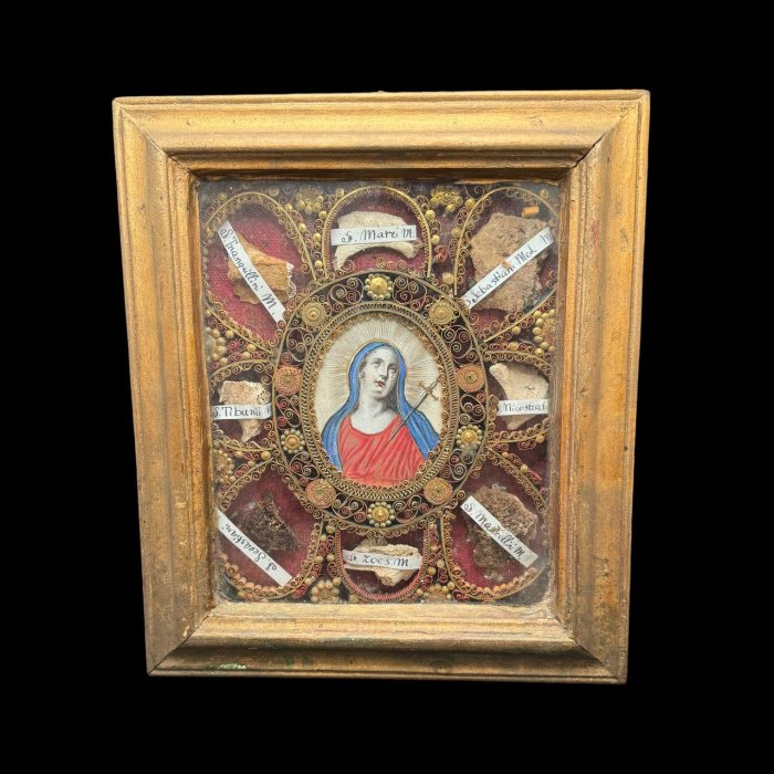Wooden reliquary-frame with the relics of Saints + Certificate of ...